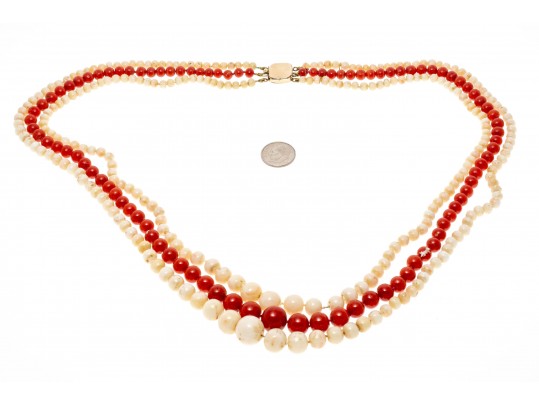 Lot Of Four Strung Beaded Necklaces, Turquoise, Tigers Eye And Coral