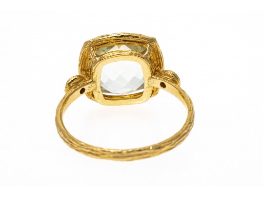 14k Yellow Gold Checkerboard Cushion Aquamarine Bark Finish Ring, Size 7.25