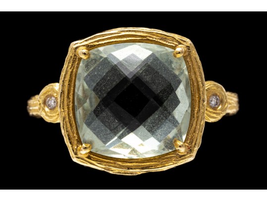 14k Yellow Gold Checkerboard Cushion Aquamarine Bark Finish Ring, Size 7.25