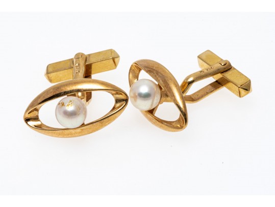Mikimoto 14k Yellow Gold Cultured Pearl Cufflinks Set With Two Complementary Tie Bars
