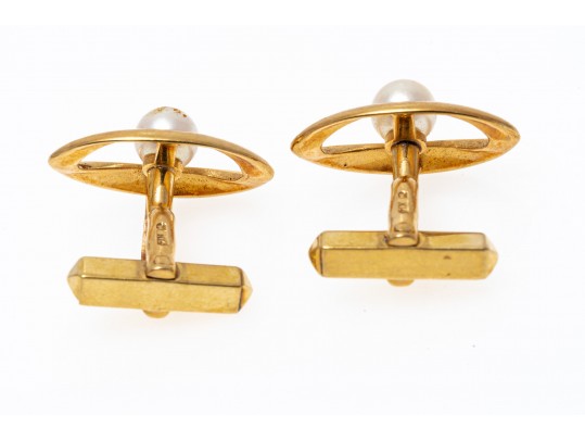 Mikimoto 14k Yellow Gold Cultured Pearl Cufflinks Set With Two Complementary Tie Bars