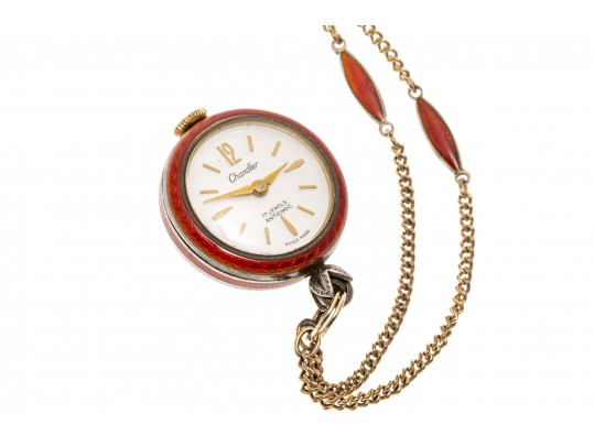 Stunning Burgundy Guilloche Enamel Pendant Watch And Chain, Sterling And Gold Filled
