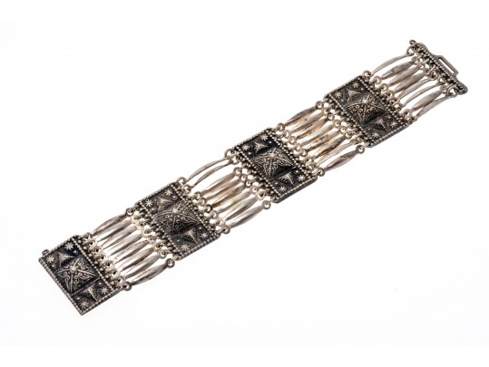 Fabulous Wide Link Mexican Silver Bracelet, With Hook Style Clasp