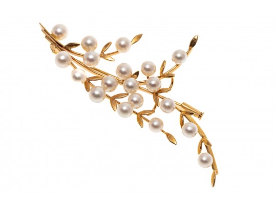 14k Yellow Gold Elegant Vintage Cultured Pearl Spray Branch Motif Brooch