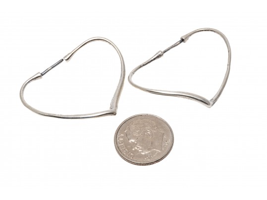 Tiffany And Co. Elsa Peretti Sterling Silver Contemporary Open Heart Hoop Earrings