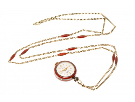 Stunning Burgundy Guilloche Enamel Pendant Watch And Chain, Sterling And Gold Filled