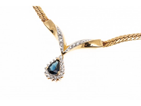 14K Herringbone Chevron Diamond And Sapphire Tasteful Necklace