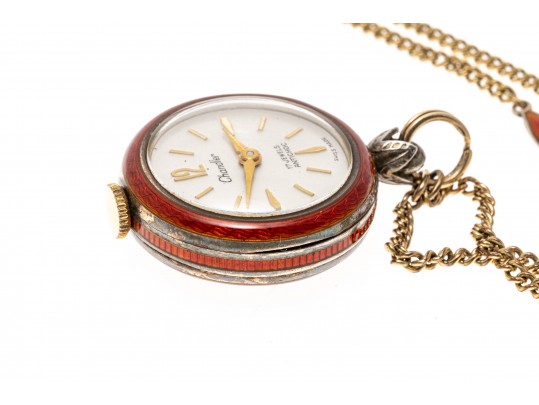 Stunning Burgundy Guilloche Enamel Pendant Watch And Chain, Sterling And Gold Filled