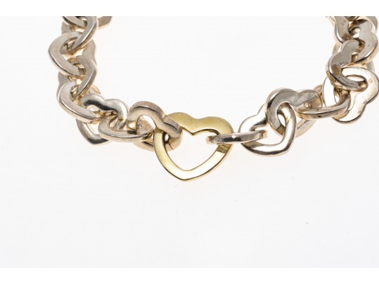 Tiffany & Co. Sterling Silver And 18kyg Open Heart Link Bracelet, With Outer Box