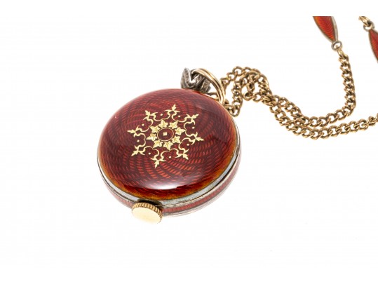 Stunning Burgundy Guilloche Enamel Pendant Watch And Chain, Sterling And Gold Filled