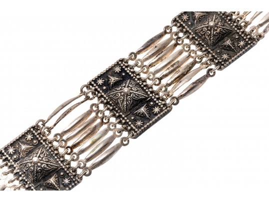 Fabulous Wide Link Mexican Silver Bracelet, With Hook Style Clasp