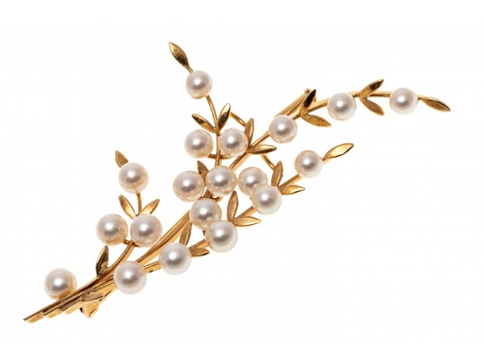 14k Yellow Gold Elegant Vintage Cultured Pearl Spray Branch Motif Brooch