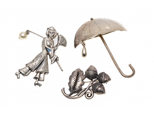 Lot Of Three Assorted Sterling Silver Figural Brooches