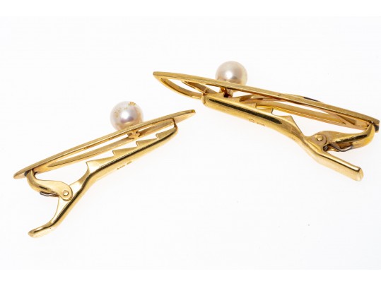 Mikimoto 14k Yellow Gold Cultured Pearl Cufflinks Set With Two Complementary Tie Bars