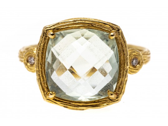 14k Yellow Gold Checkerboard Cushion Aquamarine Bark Finish Ring, Size 7.25
