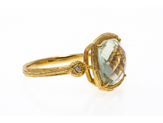 14k Yellow Gold Checkerboard Cushion Aquamarine Bark Finish Ring, Size 7.25