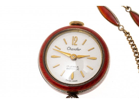 Stunning Burgundy Guilloche Enamel Pendant Watch And Chain, Sterling And Gold Filled
