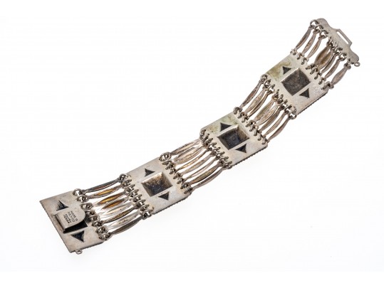 Fabulous Wide Link Mexican Silver Bracelet, With Hook Style Clasp