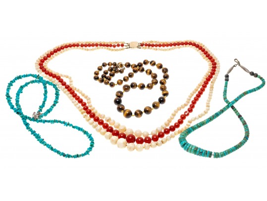 Lot Of Four Strung Beaded Necklaces, Turquoise, Tigers Eye And Coral
