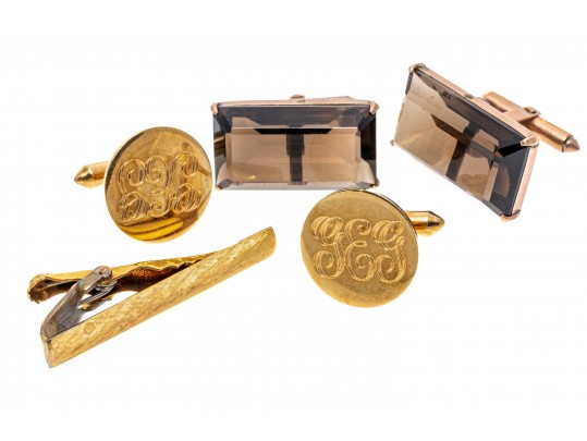 Lot Of Two Lever Style Back Cufflinks And One Tie Bar; 10k And 14k