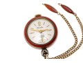 Stunning Burgundy Guilloche Enamel Pendant Watch And Chain, Sterling And Gold Filled