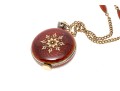 Stunning Burgundy Guilloche Enamel Pendant Watch And Chain, Sterling And Gold Filled