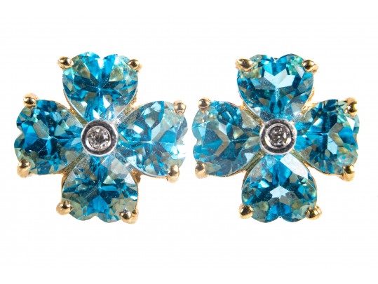 14k Blue Topaz And Diamond Floral Earrings