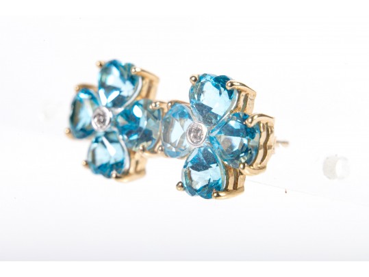 14k Blue Topaz And Diamond Floral Earrings