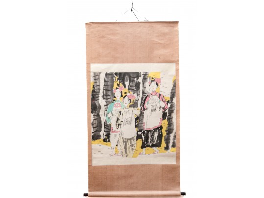 Charming Asian Ink Scroll Painting, Three Fashionable Women