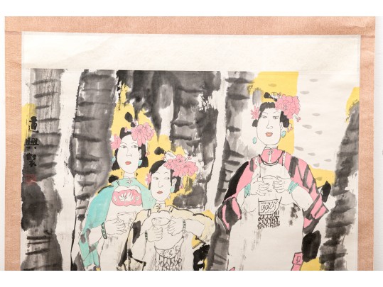 Charming Asian Ink Scroll Painting, Three Fashionable Women