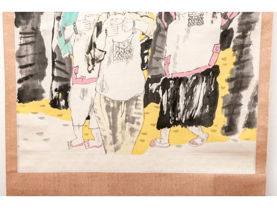 Charming Asian Ink Scroll Painting, Three Fashionable Women