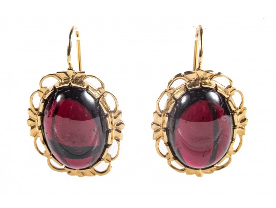 14k Yellow Gold Berry-Burgundy Glass Drop Earrings