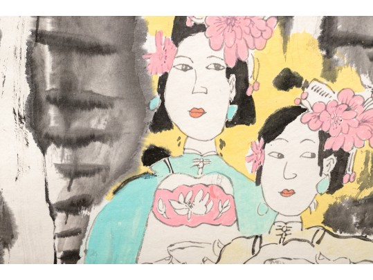 Charming Asian Ink Scroll Painting, Three Fashionable Women