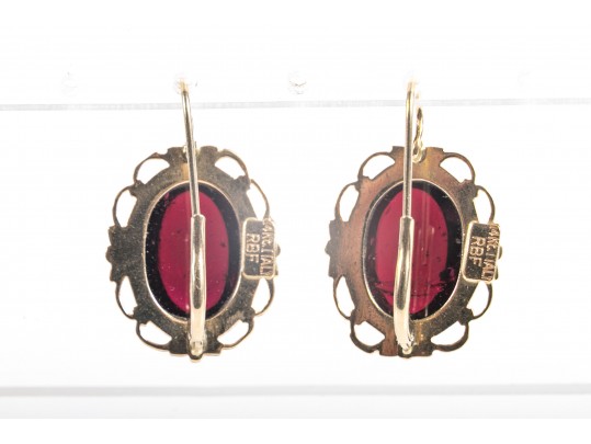 14k Yellow Gold Berry-Burgundy Glass Drop Earrings