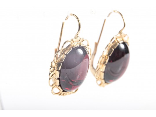 14k Yellow Gold Berry-Burgundy Glass Drop Earrings