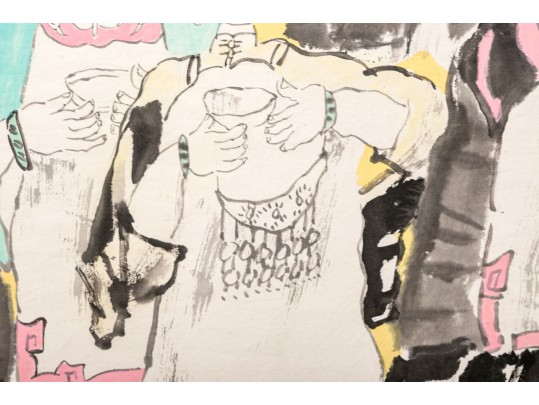 Charming Asian Ink Scroll Painting, Three Fashionable Women