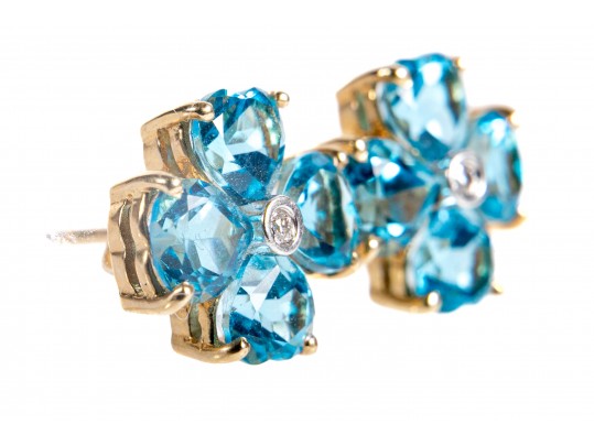 14k Blue Topaz And Diamond Floral Earrings