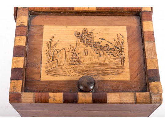 English Circa 1840 Inlaid Wood Sewing Box