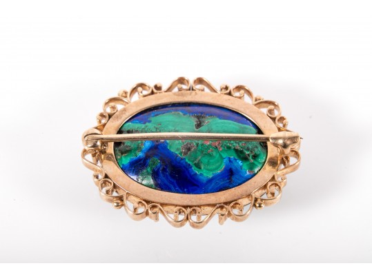 14k Yellow Gold Azurite-Malachite Brooch