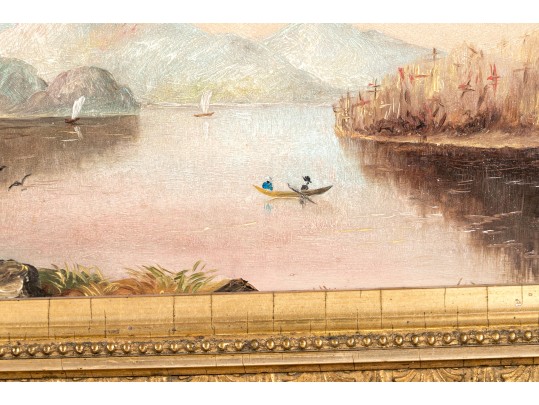 Hudson River School Oil On Board, Boat Ride At Sunset