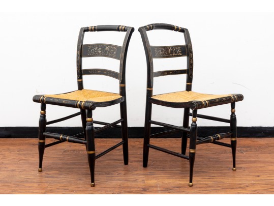 Black Lacquered Woven-Seat Chairs, Possibly Hitchcock