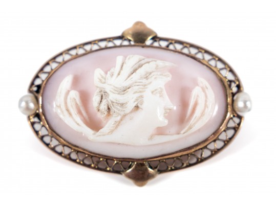 10k Yellow Gold Cameo Brooch With Cultured Pearl Accents