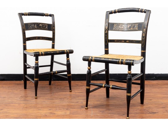 Black Lacquered Woven-Seat Chairs, Possibly Hitchcock