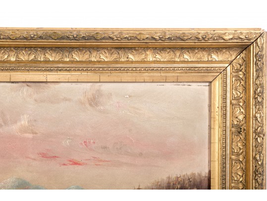 Hudson River School Oil On Board, Boat Ride At Sunset