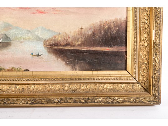 Hudson River School Oil On Board, Boat Ride At Sunset