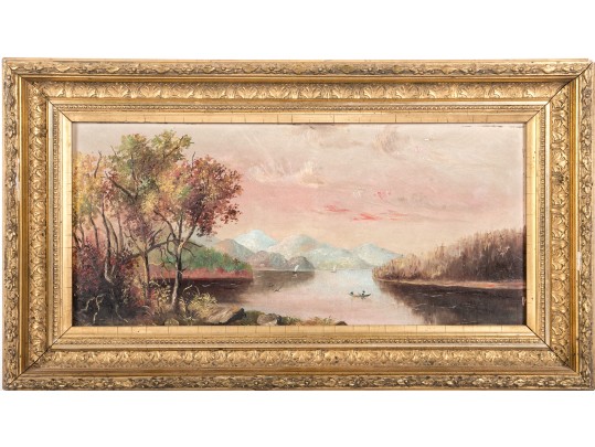 Hudson River School Oil On Board, Boat Ride At Sunset