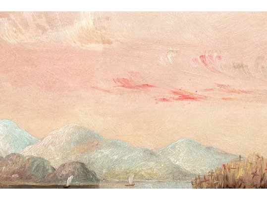 Hudson River School Oil On Board, Boat Ride At Sunset