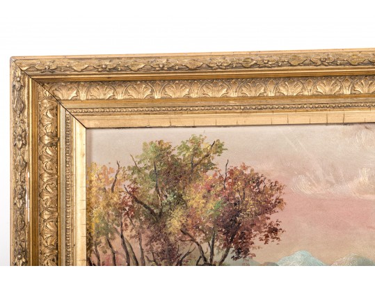 Hudson River School Oil On Board, Boat Ride At Sunset