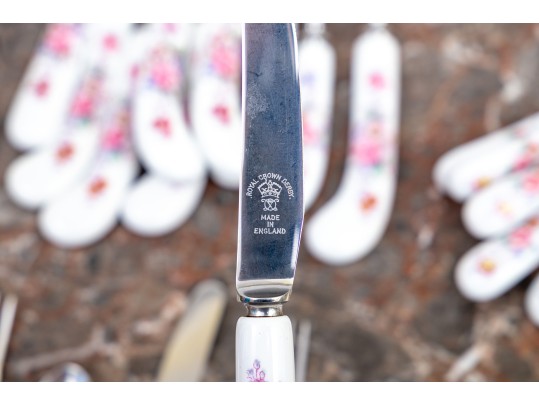 Delightful English, Royal Crown Derby Flatware Service, Floral Embellished China Handles, 41 Pieces