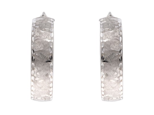18K White Gold Italian Hoop Earrings With Brushed Finish